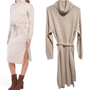 NWT- Rachel Zoe- Women’s Midi Knit Sweater Dress Beige Cream Side Slit, Size L